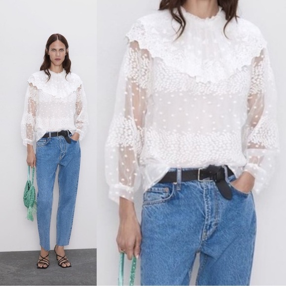 Zara Tops - NWT Zara High Collar White Long Sleeve Sheer Ruffle Blouse Small